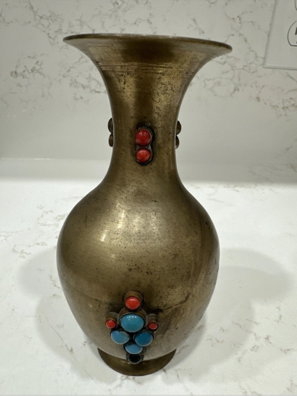 Brass Decorative Accent Vase with Turquoise and Coral Stones about 5.75” tall